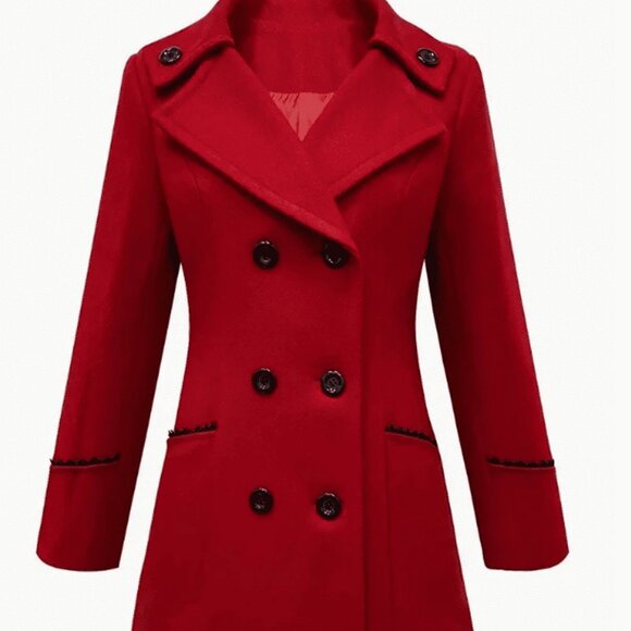 Red Elegant Women's Double-Breasted Lapel Coat - Picture 2 of 6
